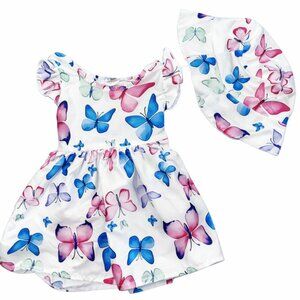 Baby Girl Butterfly Dress Hat Set 3-6 Months Boutique White Matching Hat-KC206